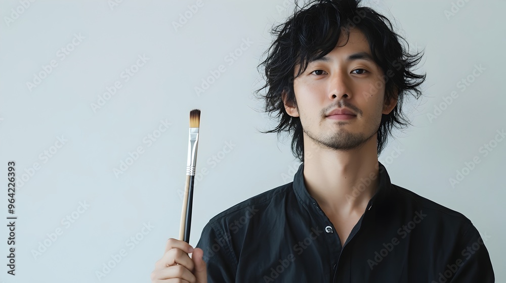 Asian Holding Paintbrush Against White Backdrop for Creative Expression Asian Holding Paintbrush Against White Backdrop for Creative Expression