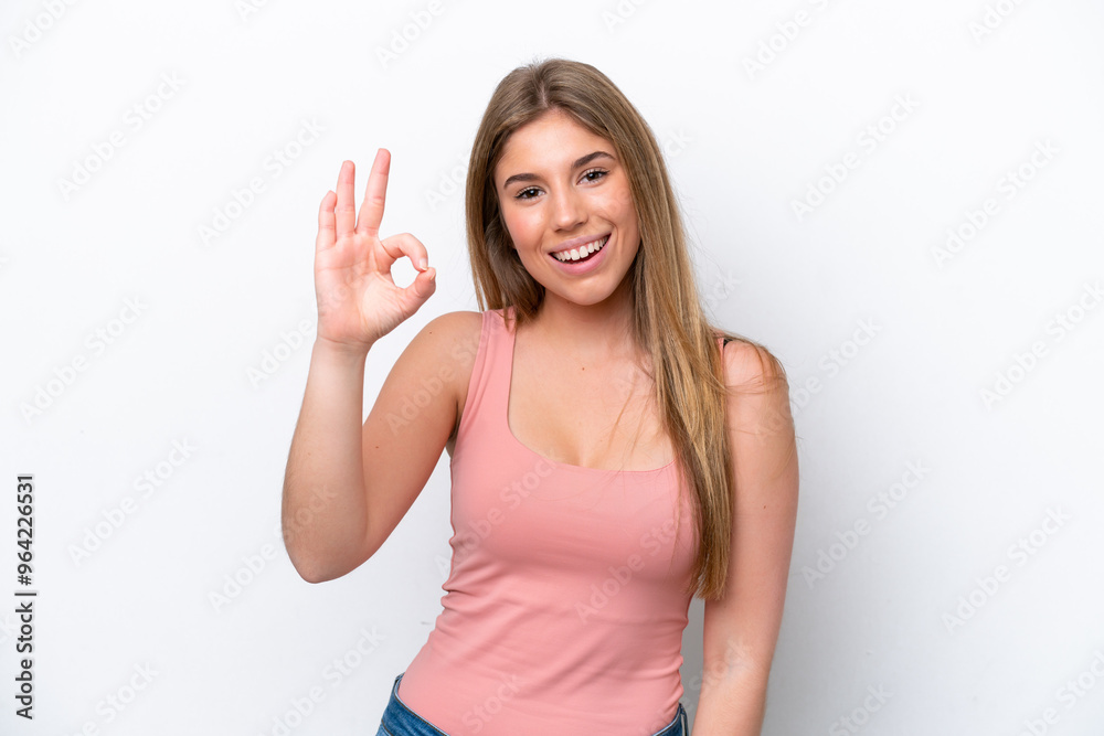 Young caucasian woman isolated on white bakcground showing ok sign with fingers Young caucasian woman isolated on white bakcground showing ok sign with fingers
