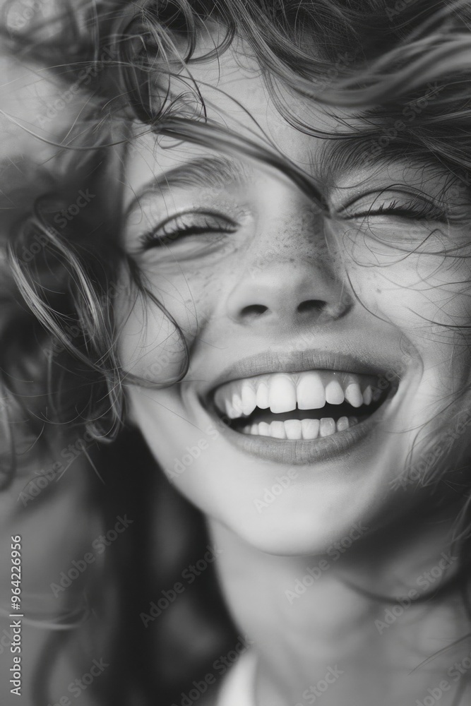 A woman with curly hair is smiling and has her teeth showing. The image has a happy and carefree mood