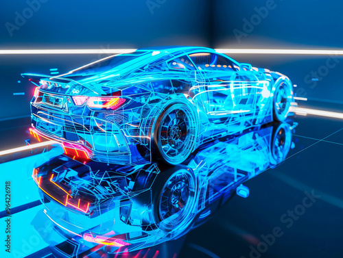 Car visualization with augmented reality Transparent car in studio drawing in blue colors, blueprint glowing neon hologram futuristic show technology security for premium product business finance