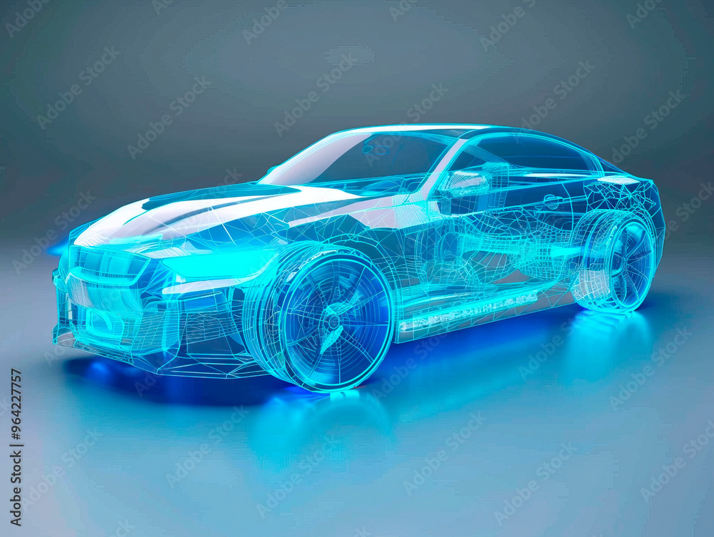 Car visualization with augmented reality Transparent car in studio drawing in blue colors, blueprint glowing neon hologram futuristic show technology security for premium product business finance Car visualization with augmented reality Transparent car in studio drawing in blue colors, blueprint glowing neon hologram futuristic show technology security for premium product business finance