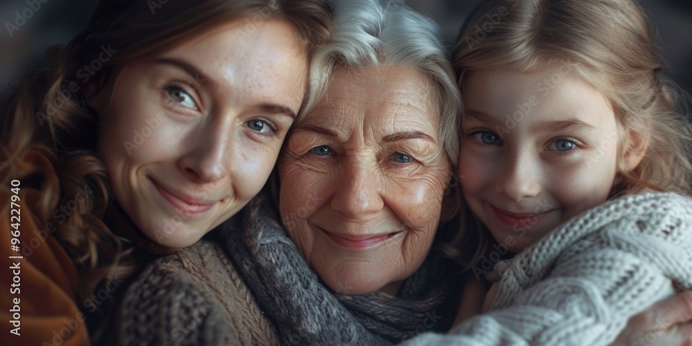 Three women are hugging each other, with one of them being an older woman. Concept of warmth and love between the family members Three women are hugging each other, with one of them being an older woman. Concept of warmth and love between the family members
