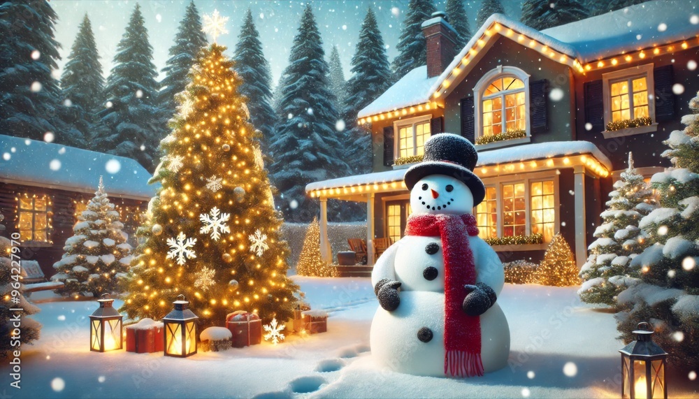 Fototapeta premium Joyful snowman with a red scarf standing in a snowy yard, with a decorated Christmas tree.