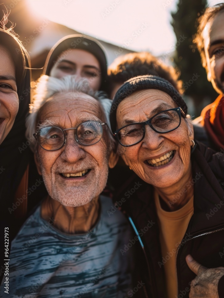 A group of people, including an older man and woman, are smiling and posing for a photo A group of people, including an older man and woman, are smiling and posing for a photo