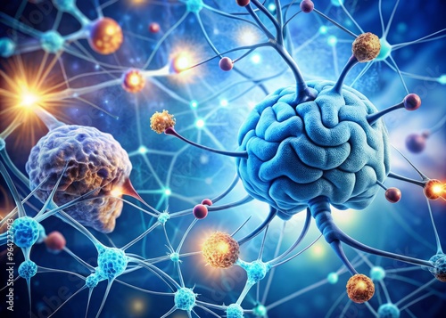 Illustration of brain cells affected by neurodegenerative diseases with drug molecules in the foreground, set against a soft gradient blue background with subtle neural network patterns photo