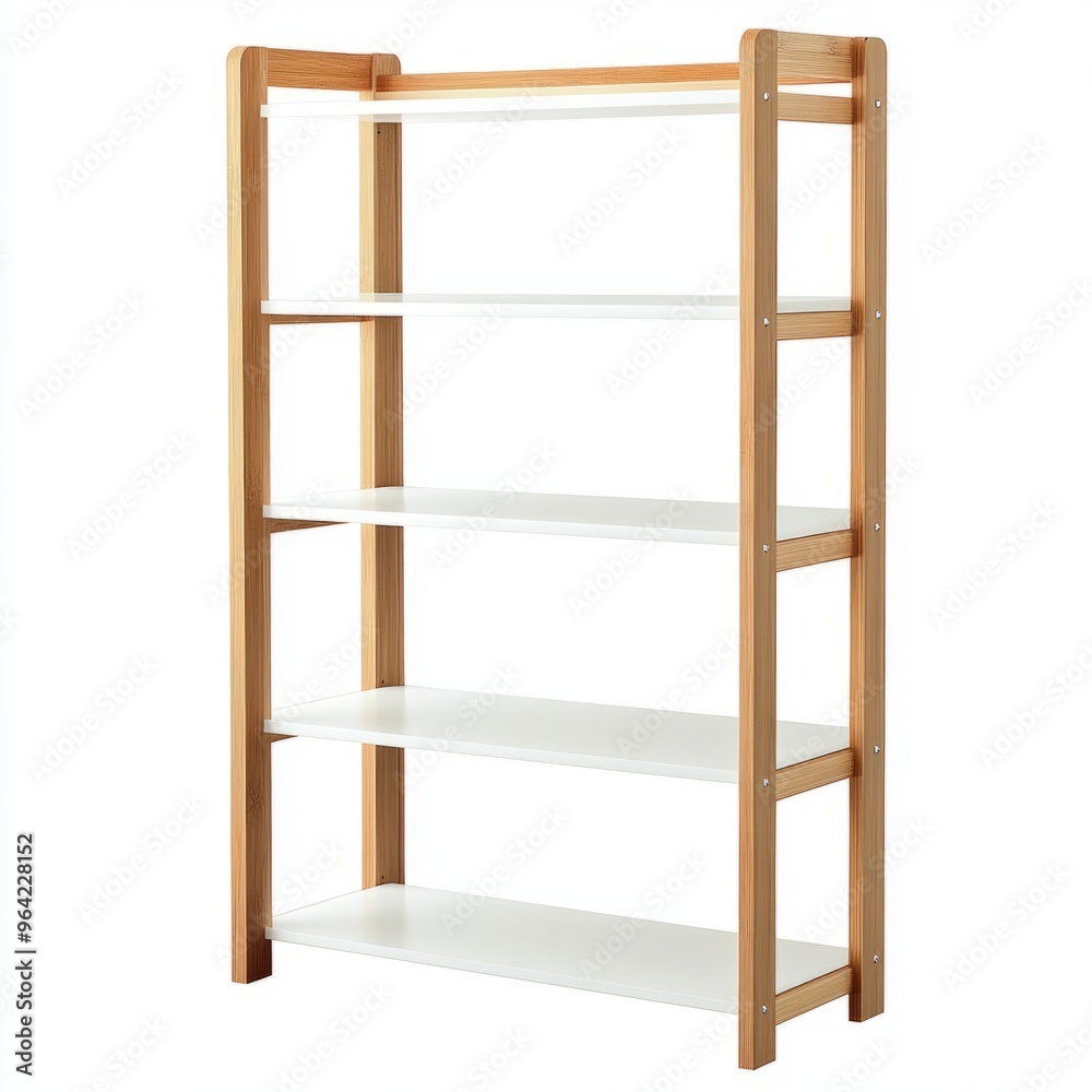 IKEA Bookshelf: Simple White Shelves & Natural Wood Frame - Isolated on White IKEA Bookshelf: Simple White Shelves & Natural Wood Frame - Isolated on White