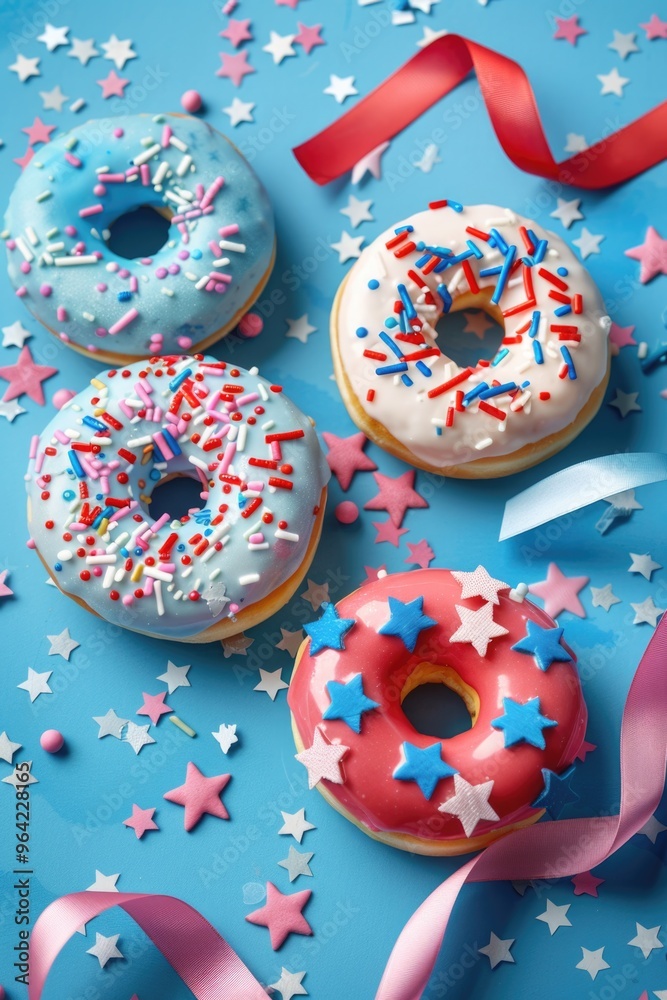 Four donuts with sprinkles and stars on them are arranged on a blue background. The donuts are decorated with red, white, and blue sprinkles and stars, giving them a festive and celebratory appearance Four donuts with sprinkles and stars on them are arranged on a blue background. The donuts are decorated with red, white, and blue sprinkles and stars, giving them a festive and celebratory appearance