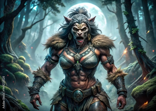 A fierce, muscular female bugbear with sharp claws and teeth, adorned with tribal tattoos, stands victorious in a misty, moonlit forest, surrounded by ancient trees.