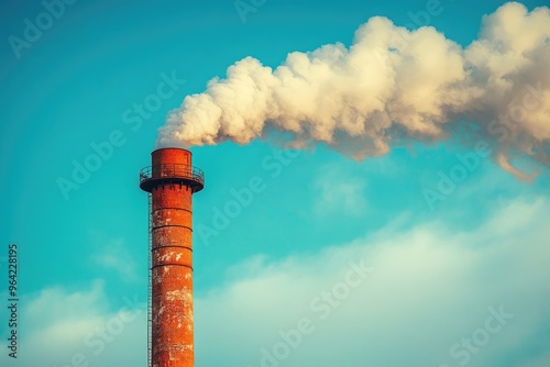 Industrial chimney releasing smoke into the blue sky