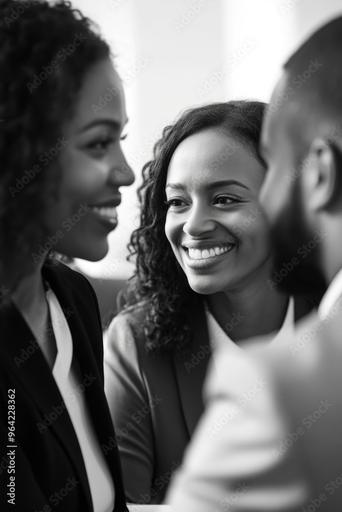 Three women are smiling at the camera, with one of them wearing a suit. The scene is likely a professional setting, such as a business meeting or conference Three women are smiling at the camera, with one of them wearing a suit. The scene is likely a professional setting, such as a business meeting or conference