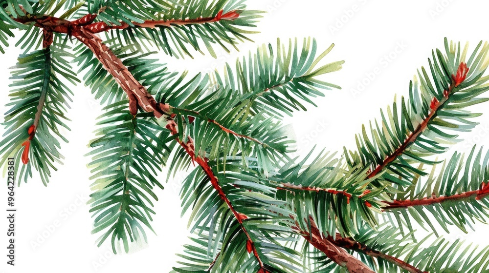 Naklejka premium A tree branch with green leaves and red berries. The branch is long and thin, with a few small branches coming off of it. The leaves are arranged in a way that creates a sense of movement and growth