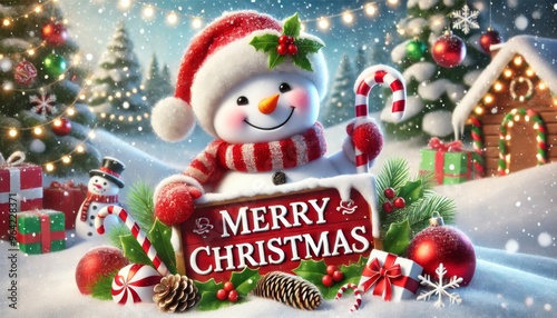 Cheerful snowman in a Santa hat holding a 