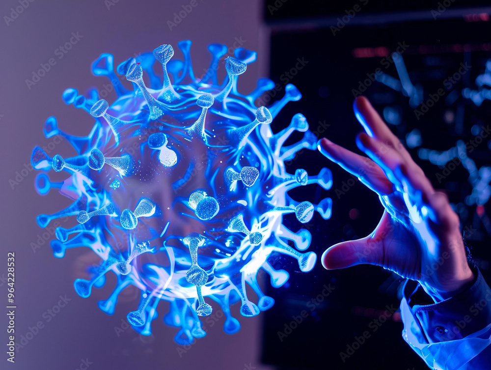 the scientists are holding the coronavirus's hologram the laboratory. the concept of coronavirus, vaccination, laboratory and medical. Coronavirus visualization with augmented Transparent coronavirus the scientists are holding the coronavirus's hologram the laboratory. the concept of coronavirus, vaccination, laboratory and medical. Coronavirus visualization with augmented Transparent coronavirus