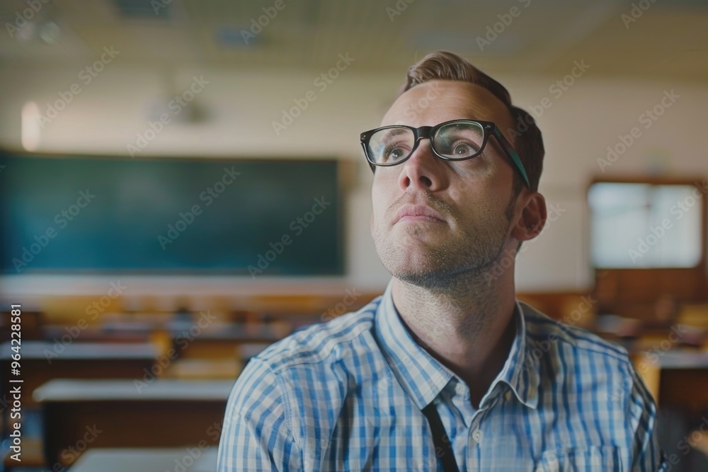 A man wearing glasses is sitting in a classroom. He is looking up at something. The classroom is filled with desks and chairs A man wearing glasses is sitting in a classroom. He is looking up at something. The classroom is filled with desks and chairs