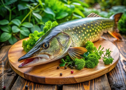 A freshly caught pike fish lies on a wooden cutting board, its green scales glistening with dew, amidst a rustic outdoor backdrop with lush vegetation. photo