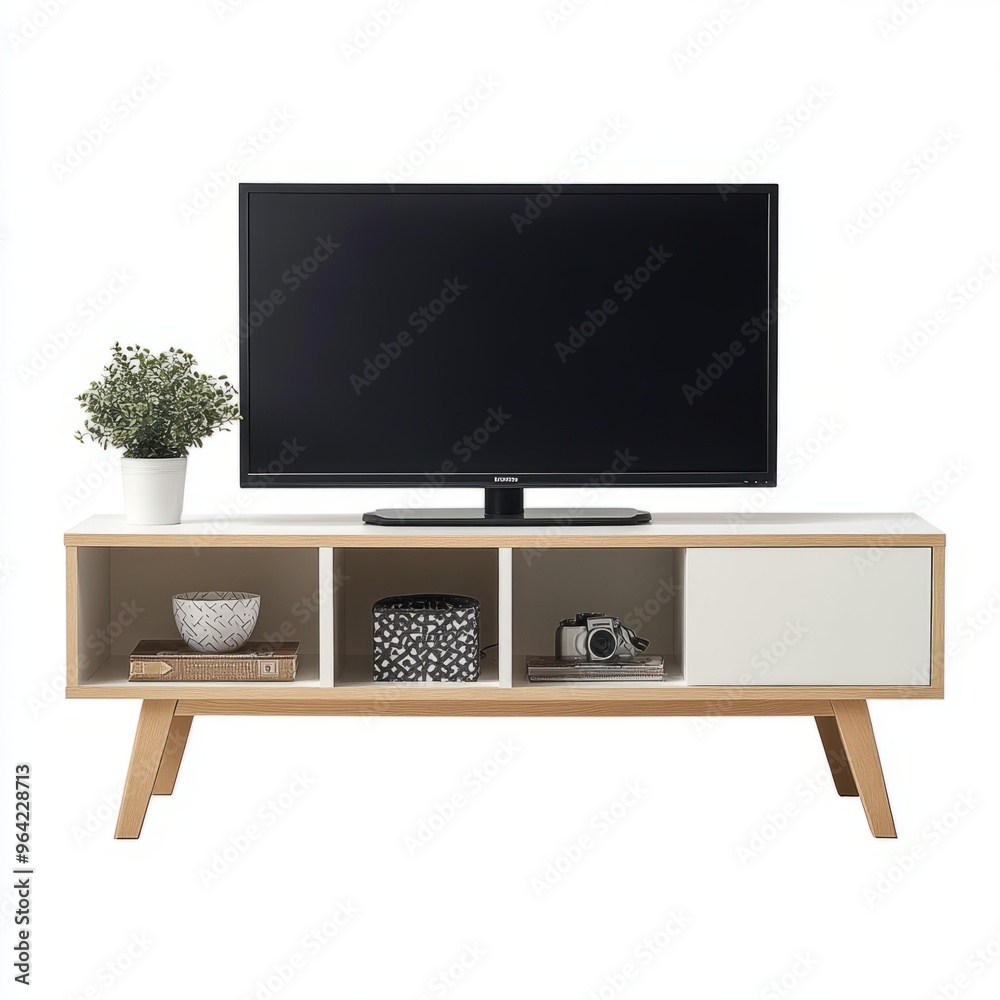 Scandinavian IKEA TV Stand with Wooden Legs and Open Shelves - White Background Scandinavian IKEA TV Stand with Wooden Legs and Open Shelves - White Background