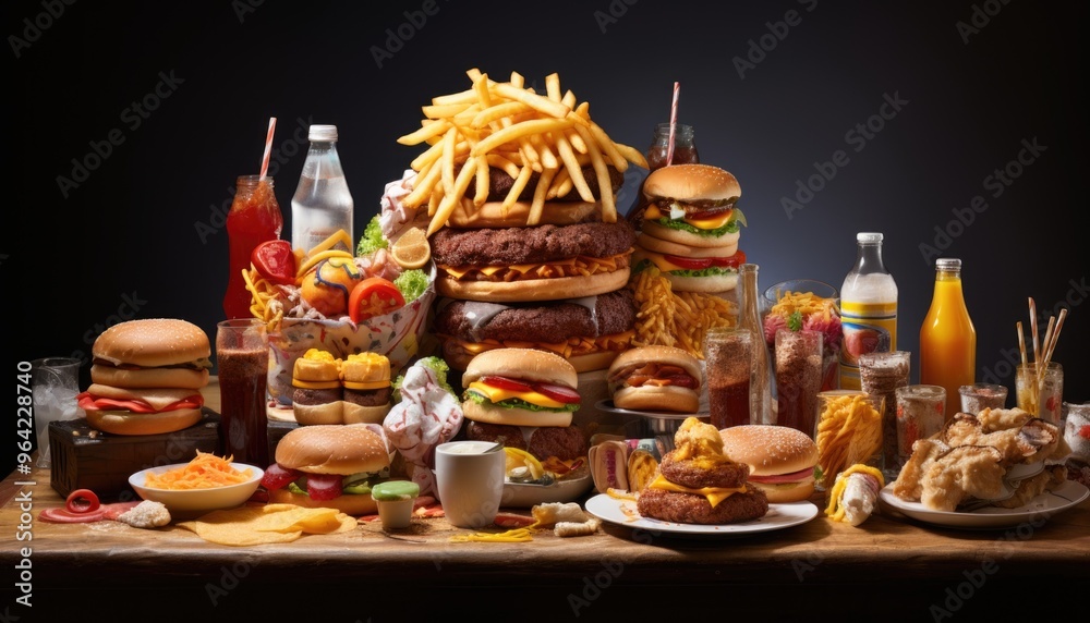 Fototapeta premium Tower of fast food burgers, fries, and soda on a dark background
