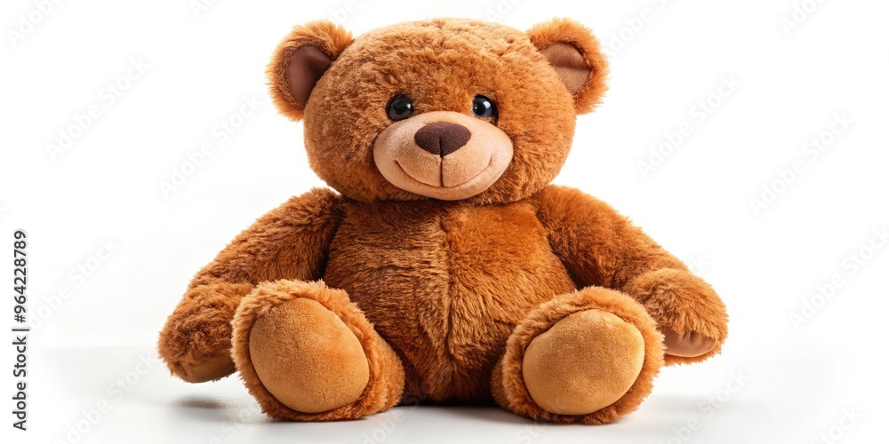 A giant cuddly brown teddy bear with bright shiny eyes and a sweet smile sits alone on a soft white background, radiating warmth and comfort. A giant cuddly brown teddy bear with bright shiny eyes and a sweet smile sits alone on a soft white background, radiating warmth and comfort.