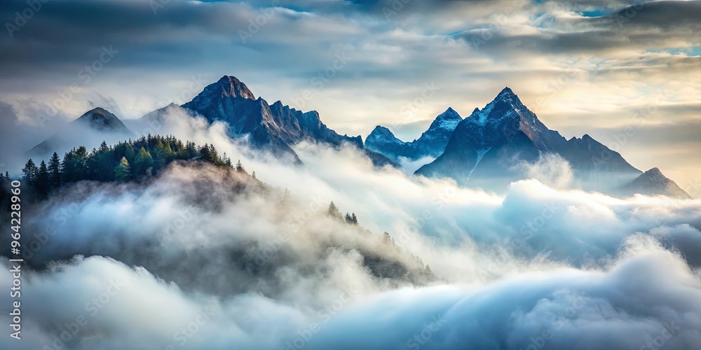 Foggy mountain peaks obscured by mist with limited visibility during midday Foggy mountain peaks obscured by mist with limited visibility during midday