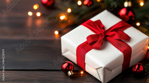 A white gift box with red ribbon and christmas decorations, AI