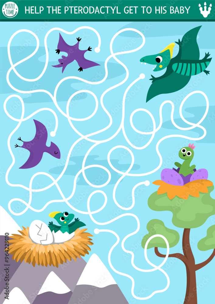 Dinosaur maze for kids with cute animals and ancient world landscape, nest, pterosaur. Prehistoric preschool printable activity. Dino land labyrinth game, puzzle. Help pterodactyl get to his baby Dinosaur maze for kids with cute animals and ancient world landscape, nest, pterosaur. Prehistoric preschool printable activity. Dino land labyrinth game, puzzle. Help pterodactyl get to his baby