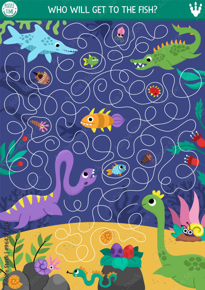 Marine dinosaur maze for kids with cute animals and ancient world landscape. Prehistoric preschool printable activity with plesiosaur, ichthyosaur, mosasaur, fish. Dino land labyrinth game, puzzle Marine dinosaur maze for kids with cute animals and ancient world landscape. Prehistoric preschool printable activity with plesiosaur, ichthyosaur, mosasaur, fish. Dino land labyrinth game, puzzle