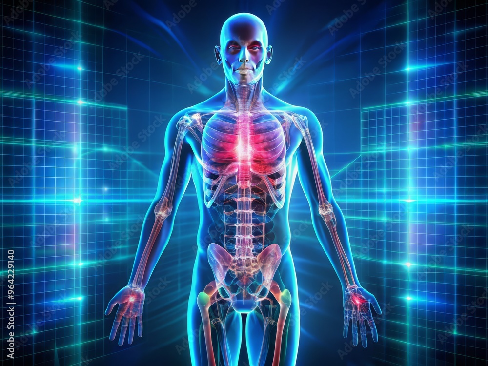 A futuristic digital backdrop featuring a 3D illustration of the human body with internal organs visible through a transparent x-ray effect, set against a dark blue gradient A futuristic digital backdrop featuring a 3D illustration of the human body with internal organs visible through a transparent x-ray effect, set against a dark blue gradient