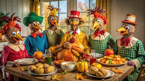 A Group Of Costumed Turkeys In Comical Poses Gather Around A Table Laden With Thanksgiving Dinner. photo