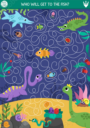 Marine dinosaur maze for kids with cute animals and ancient world landscape. Prehistoric preschool printable activity with plesiosaur, ichthyosaur, mosasaur, fish. Dino land labyrinth game, puzzle