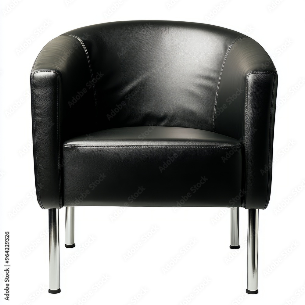 Sleek Black Leather IKEA Armchair with Metal Legs - Minimalist Design, White Background Sleek Black Leather IKEA Armchair with Metal Legs - Minimalist Design, White Background