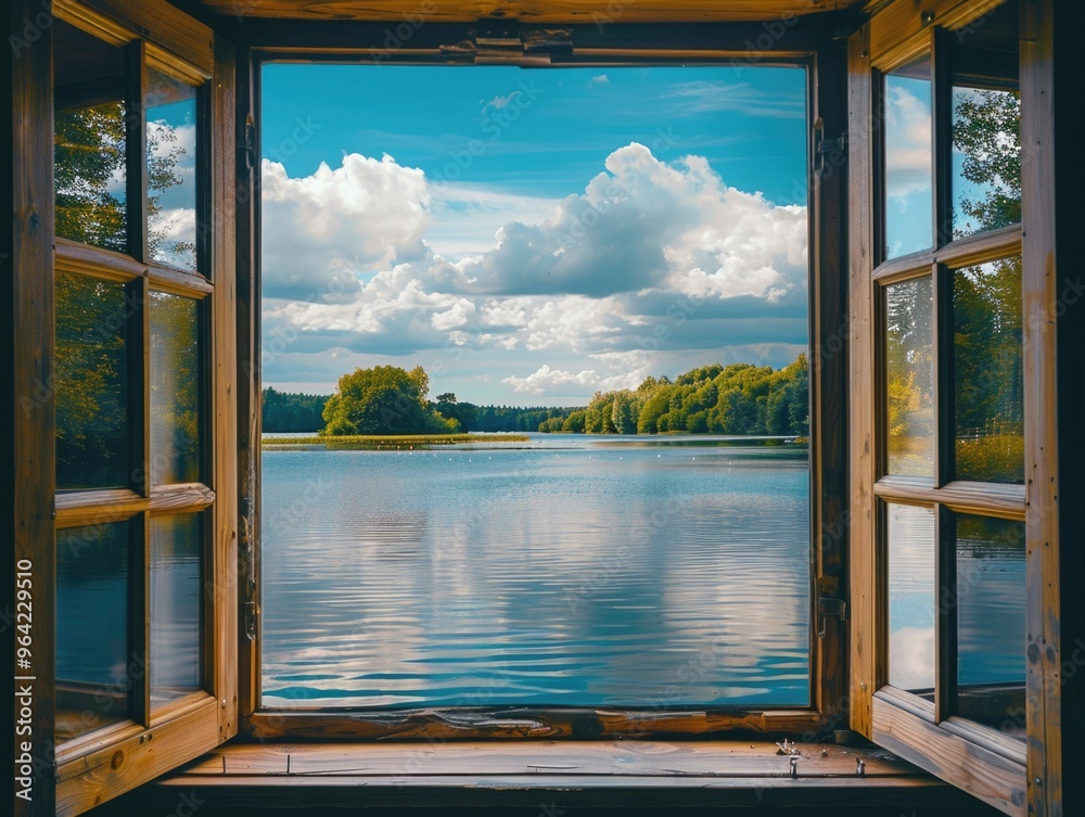 A window view of a lake with a cloudy sky A window view of a lake with a cloudy sky