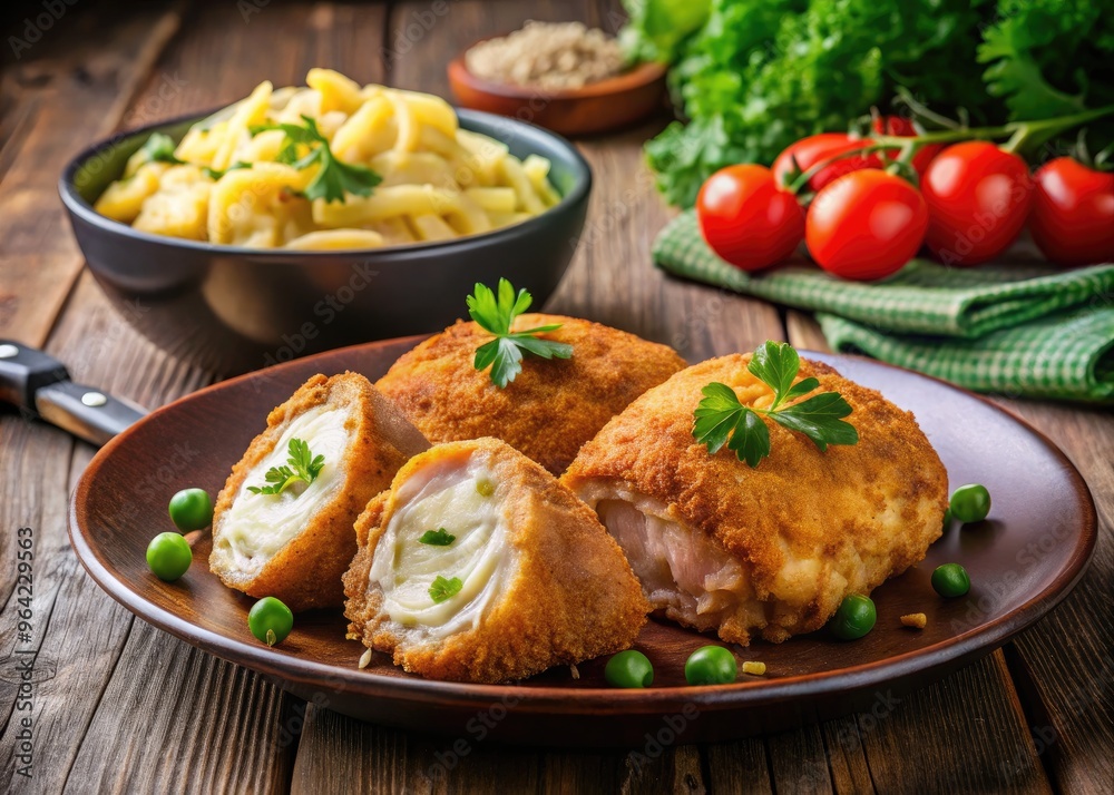A hearty serving of traditional Ukrainian dish, Chicken Kiev, with golden-brown breaded cutlets, served with steaming mashed potatoes and fresh vegetables on a rustic table. A hearty serving of traditional Ukrainian dish, Chicken Kiev, with golden-brown breaded cutlets, served with steaming mashed potatoes and fresh vegetables on a rustic table.
