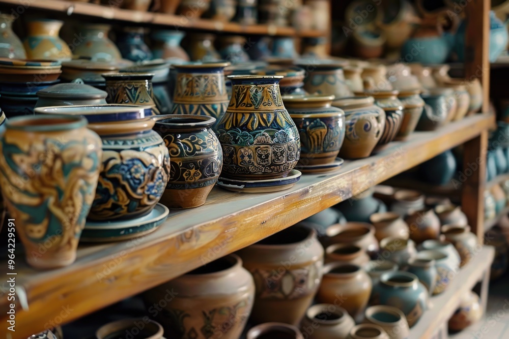 A shelf full of vases with different designs and colors. The vases are arranged in a way that they are all visible and easy to see. The variety of designs and colors creates a sense of diversity A shelf full of vases with different designs and colors. The vases are arranged in a way that they are all visible and easy to see. The variety of designs and colors creates a sense of diversity