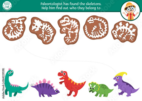 Dinosaur matching activity with cute animals and their skeletons. Prehistoric puzzle with T-rex, stegosaur. Match the bones game. Dino land printable worksheet, match up page