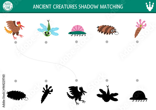 Dinosaur shadow matching activity with ancient animals. Prehistoric puzzle with cute ammonite, centipede, dragonfly, archaeopteryx. Find correct silhouette printable worksheet or game photo