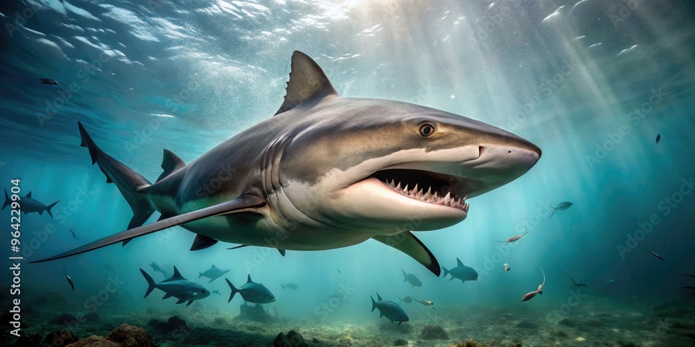 Fototapeta premium A Large And Aggressive Bull Shark Swims Through The Murky Waters Of The Amazon River, Its Sharp Teeth Exposed.