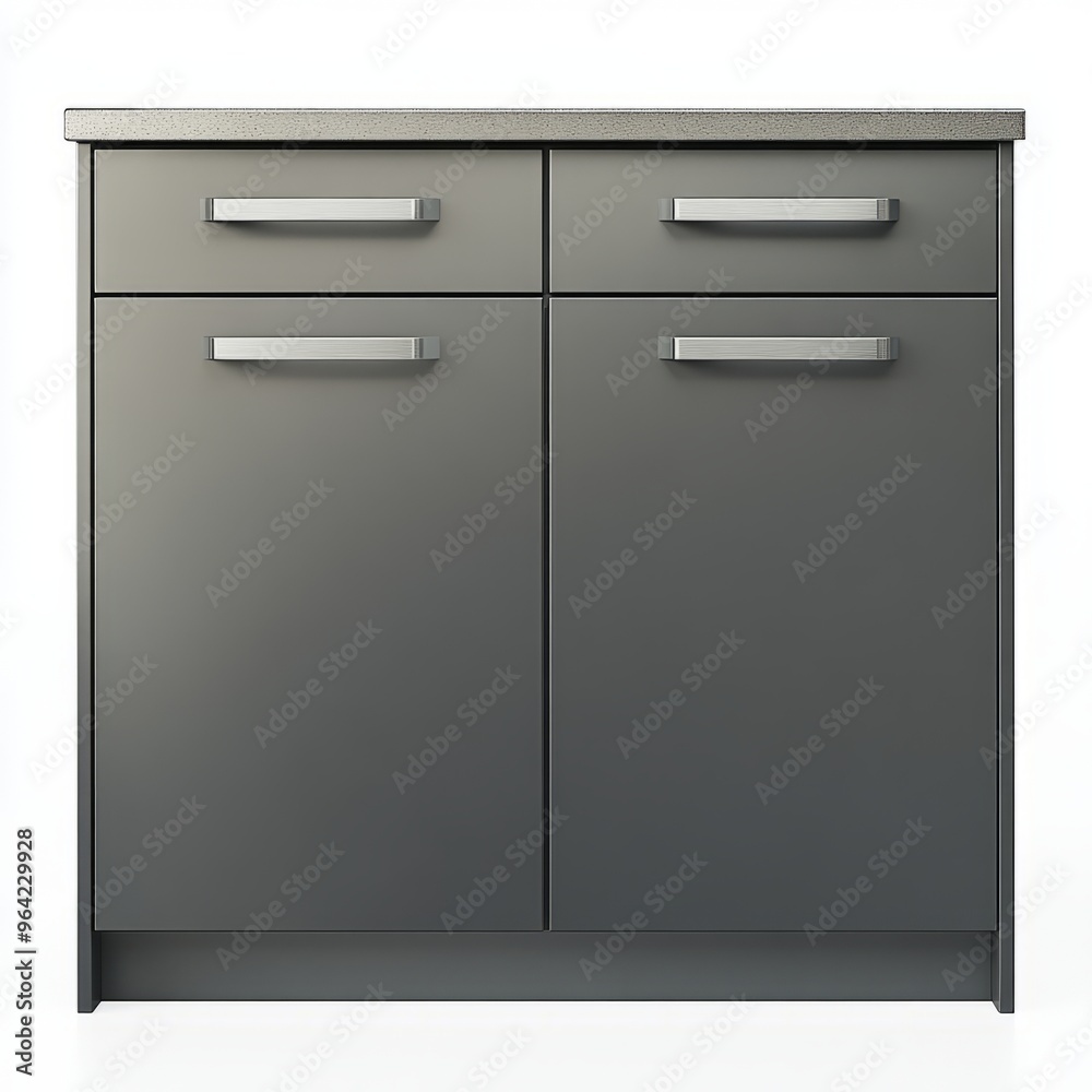 Matte Grey Minimalist IKEA Kitchen Cabinet with Silver Handles - Isolated on White Background Matte Grey Minimalist IKEA Kitchen Cabinet with Silver Handles - Isolated on White Background