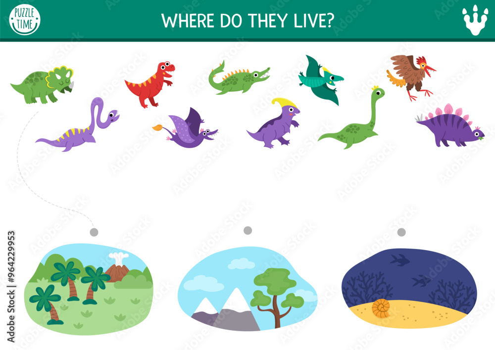 Fototapeta premium Dinosaur matching activity with cute animals and place they live. Prehistoric puzzle with pterosaur, stegosaur, T-rex, plesiosaur. Match up game or printable worksheet with water, sky, land dinos