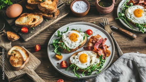 A plate of eggs and bacon sits on a wooden table. The plate is topped with two eggs, one of which is sunny side up