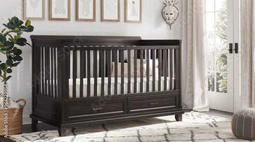 Crib: A strong, secure sleeping space for the baby, offering adjustable mattress heights and slatted sides for optimal visibility and airflow.
