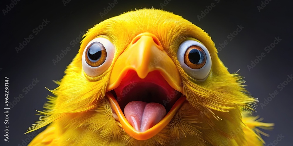 A Large, Bright Yellow Bird With Round Eyes, Feathers Raised In Playful Expression, And A Comical Open Beak With Tongue Protruding. A Large, Bright Yellow Bird With Round Eyes, Feathers Raised In Playful Expression, And A Comical Open Beak With Tongue Protruding.