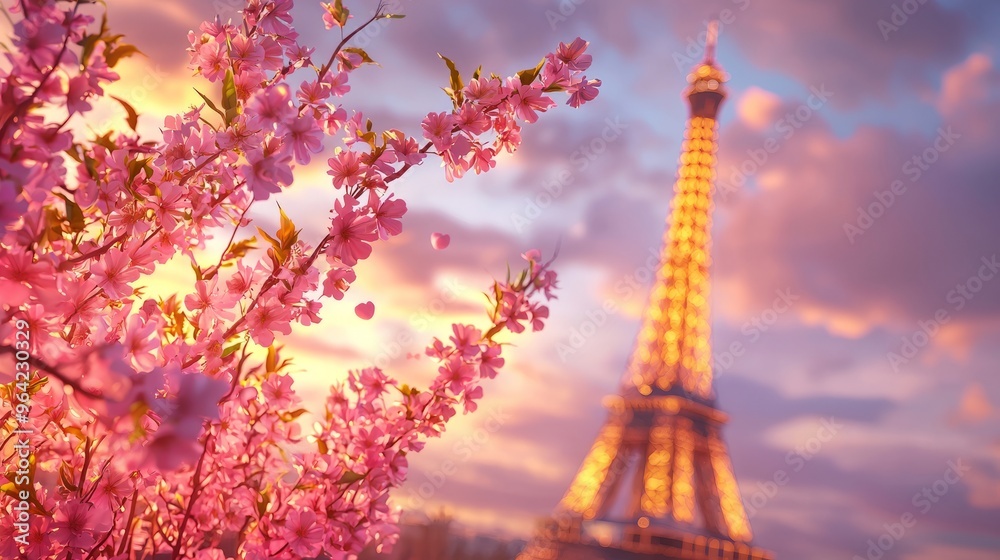 Pink cherry blossoms in the foreground with the Eiffel Tower in the background. Pink cherry blossoms in the foreground with the Eiffel Tower in the background.