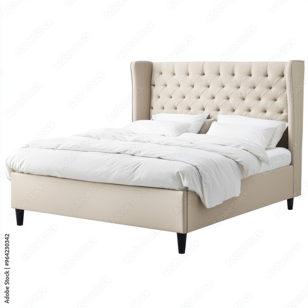 Modern IKEA Bed Frame with High Headboard & Soft Fabric Finish - White Background Modern IKEA Bed Frame with High Headboard & Soft Fabric Finish - White Background