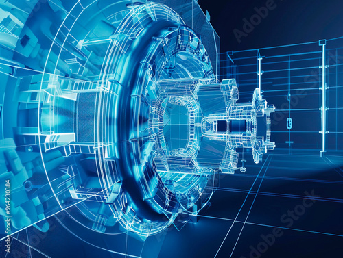 Hadron collider tech illustration. Science nuclear accelerator elementary particles. Quantum scientific experiment collision atoms, electrons, protons, neutrons. Physical research matter, antimatter.