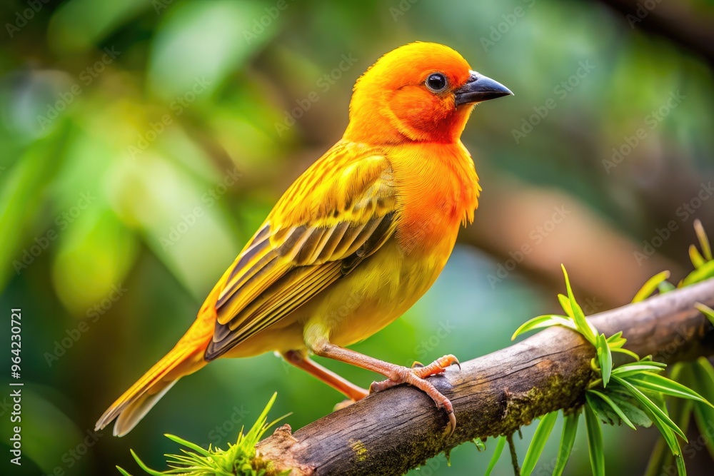 A large, vibrant yellow bird with bright orange feathers on its neck and wings, perched on a branch, gazing curiously into the distance. A large, vibrant yellow bird with bright orange feathers on its neck and wings, perched on a branch, gazing curiously into the distance.