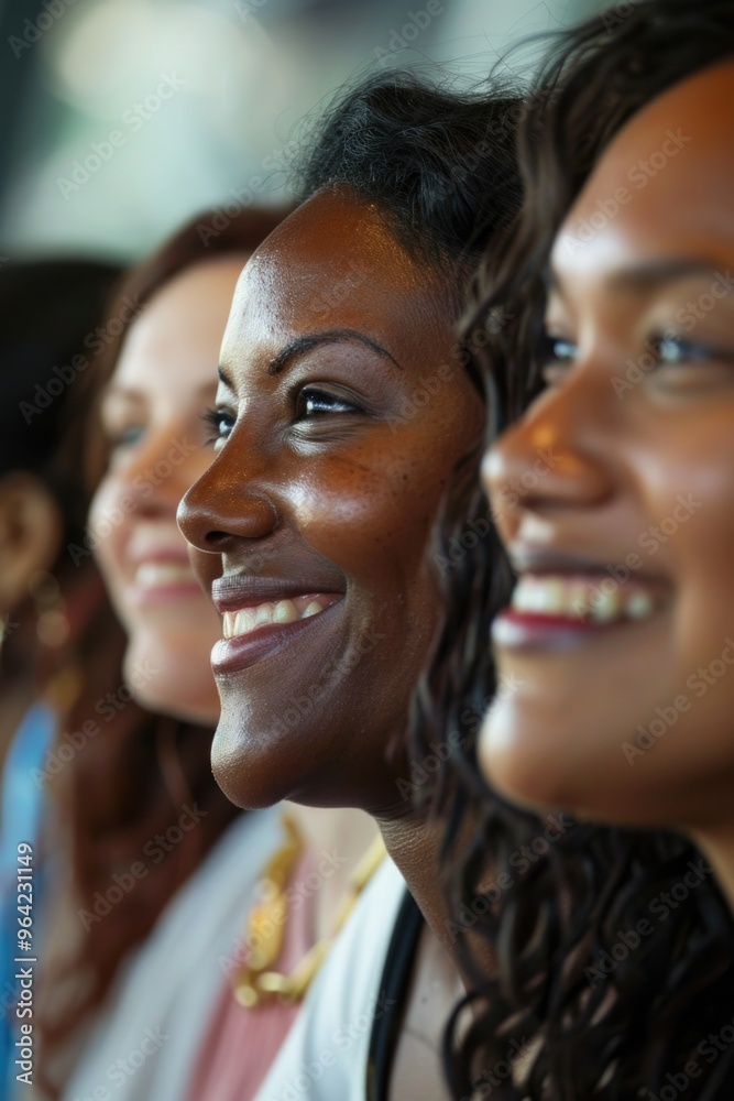Three women smiling at the camera. One of them is wearing a necklace. Scene is happy and friendly Three women smiling at the camera. One of them is wearing a necklace. Scene is happy and friendly