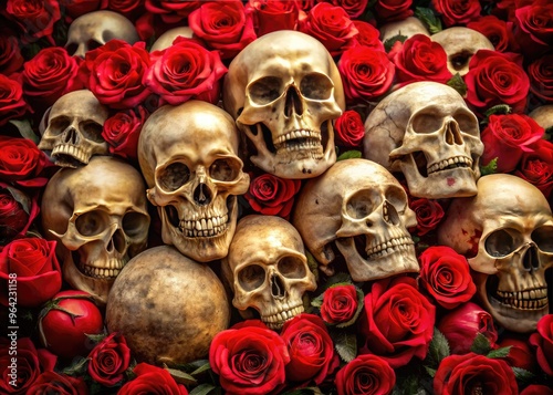 A Macabre Arrangement Of Human Skulls Nestled Among Vibrant Red Roses, Evoking Both Beauty And Mortality.