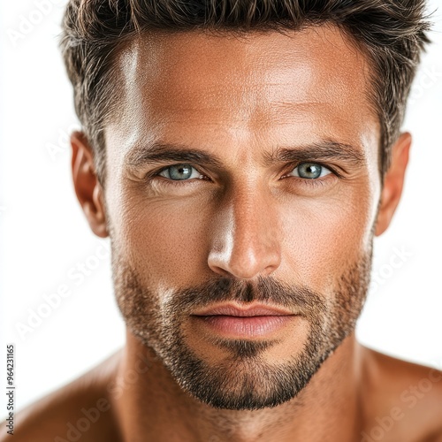 Radiant Young Man with Flawless Skin: Isolated Portrait of a 35-Year-Old photo