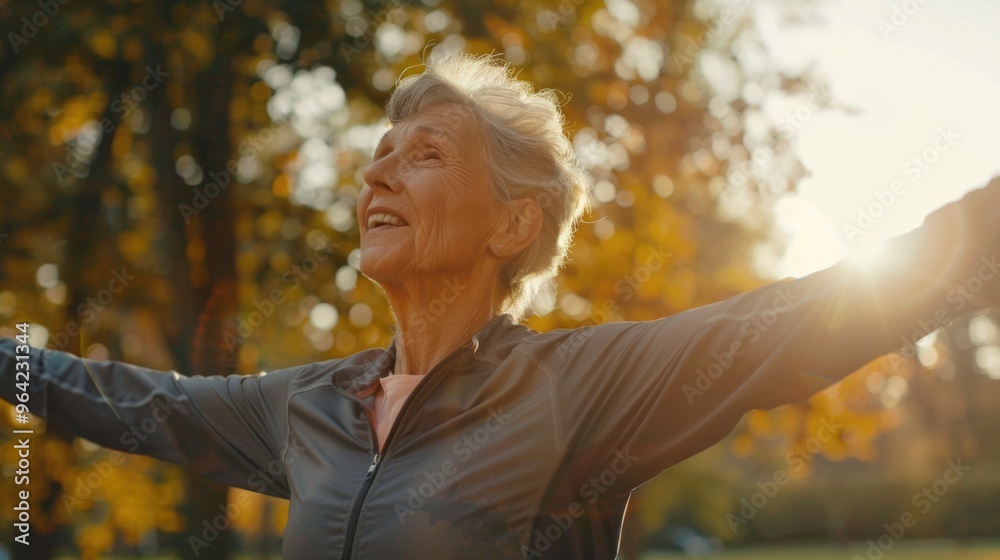 A woman in a grey jacket is smiling and holding her arms out in the sun. Concept of happiness and positivity, as the woman is enjoying the outdoors and the warmth of the sun A woman in a grey jacket is smiling and holding her arms out in the sun. Concept of happiness and positivity, as the woman is enjoying the outdoors and the warmth of the sun
