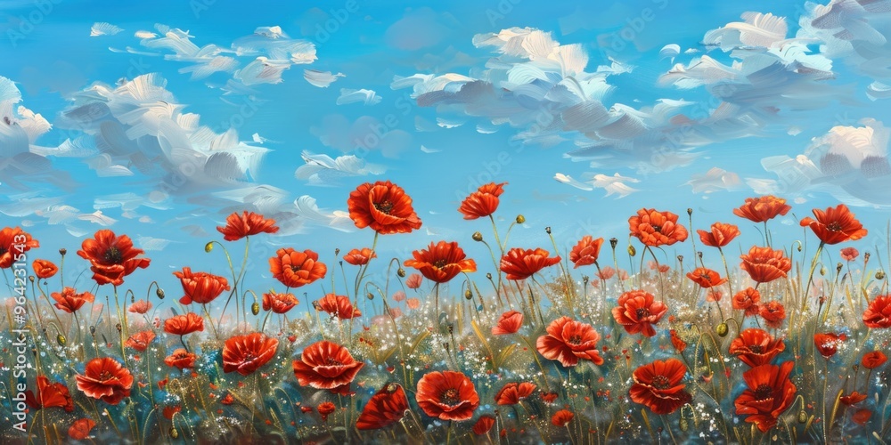 Obraz premium A painting of a field of red flowers with a blue sky in the background. The mood of the painting is peaceful and serene